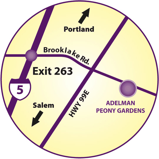 Circular map showing I5 exit 263 Brooklake Rd and HWY 99E near Adelman Peony Gardens